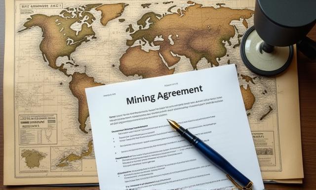 Close-up of a geological map with professional mining tools and a legal document