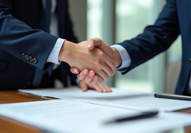 Professional business handshake over legal documents